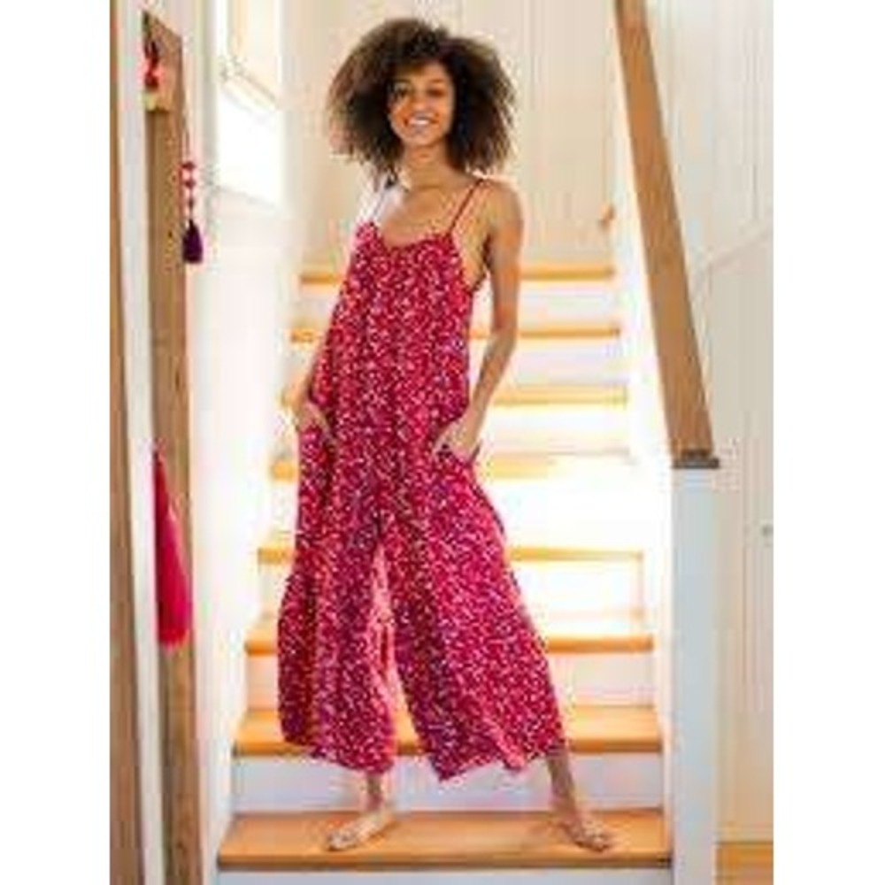 Natural Life Red Floral Ruffle Wide Leg Jumpsuit L/XL Boho Cottage Whimsical